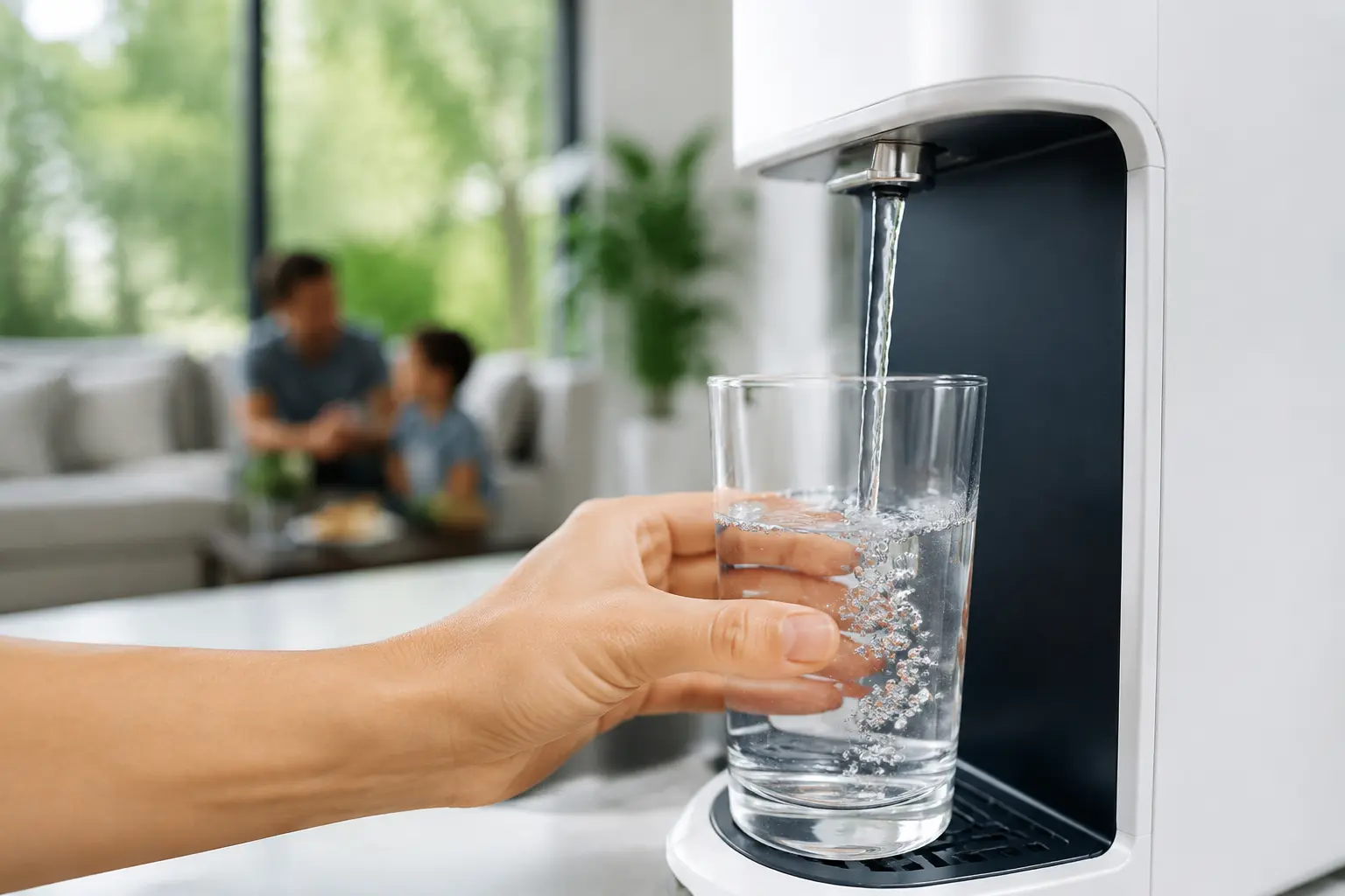 Vaso llenándose con agua desde un dispenser sin bidón